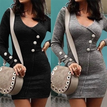 Fashion Oblique Button Long Sleeve Round Neck Slim Fit Dress