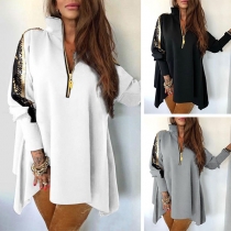 Fashion Sequin Spliced Long Sleeve Stand Collar Irregular Hem Loose Top