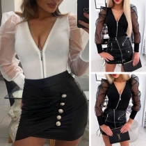 Sexy Gauze Spliced Long Sleeve Zipper V-neck Bodysuit