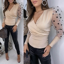 Sexy Dots Gauze Spliced Long Sleeve V-neck Slim Fit Top