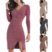 Sexy V-neck Slit Hem Long Sleeve Slim Fit Knit Dress