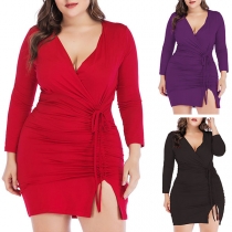 Sexy V-neck Slit Hem Long Sleeve Solid Color Slim Fit Dress