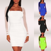 Sexy Gauze Spliced Long Sleeve Square Collar Slim Fit Dress