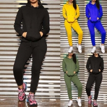 Fashion Solid Color Long Sleeve Hooded Sweatshirt + Pants Sports Suit