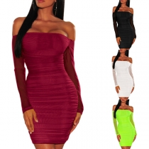 Sexy Off-shoulder Boat Neck Gauze Spliced Long Sleeve Tight Dress