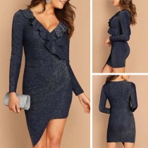 Sexy Ruffle V-neck Long Sleeve Irregular Hem Slim Fit Dress