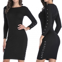 Fashion Solid Color Long Sleeve Round Neck Slim Fit Knit Dress