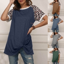 Fashion Leopard Spliced Short Sleeve Round Neck Twisted Hem T-shirt