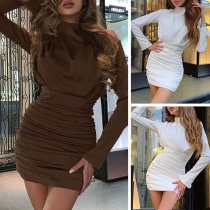 Fashion Solid Color Long Sleeve Mock Neck Slim Fit Wrinkled Dress