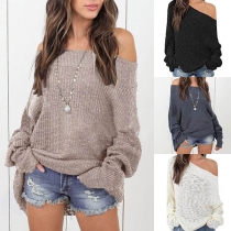 Sexy Off-shoulder Boat Neck Long Sleeve Solid Color Sweater