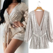 Sexy V-neck Lantern Sleeve Irregular Hem Sequin Dress