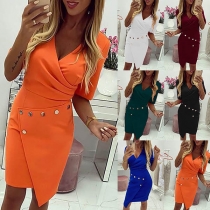 Elegant Solid Color Short Sleeve V-neck Irregular Hem Slim Fit Dress