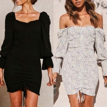 Fashion Long Sleeve Square Collar Front Drawstring Dress