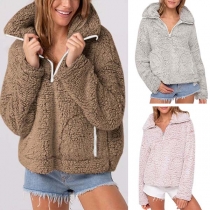 Fashion Solid Color Long Sleeve Stand Collar Plush Sweatshirt