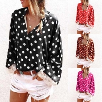 Fashion Lace Spliced Long Sleeve POLO Collar Dots Printed Shirt