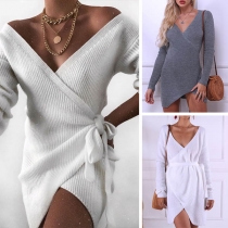 Sexy V-neck Irregular Hem Long Sleeve Lace-up Slim Fit Knit Dress