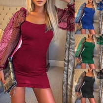 Sexy Gauze Spliced Puff Sleeve Square Collar Slim Fit Dress