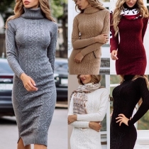 Fashion Solid Color Long Sleeve Turtleneck Slim Fit Sweater Dress