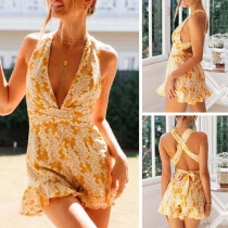 Sexy Backless Deep V-neck High Wait Printed Jumpsuit