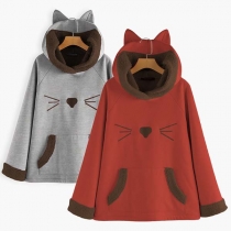 Cute Cat Printed Long Sleeve Hooded Plush Lining Sweatshirt