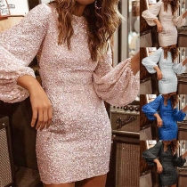 Sexy Lantern Sleeve Round Neck Slim Fit Sequin Dress