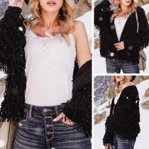 Fashion Solid Color Long Sleeve V-neck Tassel Knit Cardigan