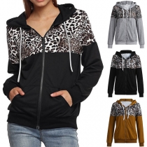 Fashion Leopard Spliced Long Sleeve Hooded Sweatshirt Coat