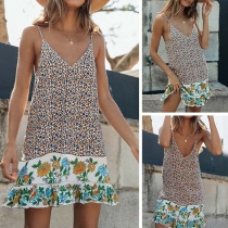 Sexy Backless V-neck Ruffle Hem Printed Sling Dress