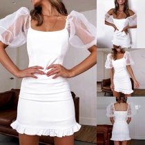 Sexy Backless Gauze Spliced Puff Sleeve Slim Fit Dress