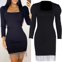 Fashion Solid Color Long Sleeve Round Neck Tassel Hem Top