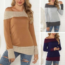 Fashion Contrast Color Long Sleeve Asymmetric V-neck T-shirt