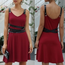 Sexy Backless V-neck PU Leather Spliced Sling Dress
