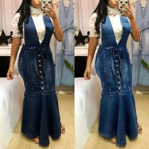 Sexy Backless Deep V-neck High Waist Fishtail Hem Denim Suspender Skirt