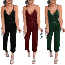 Sexy Backless V-neck High Waist Solid Color Sling Jumpsuit