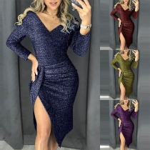 Sexy V-neck Slit Hem Long Sleeve Slim Fit Party Dress