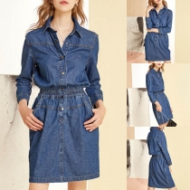Fashion Long Sleeve POLO Collar Elastic Waist Denim Dress