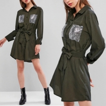 Fashion Long Sleeve POLO Collar Sequin Spliced Shirt Dress