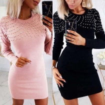 Fashion Long Sleeve Round Neck Slim Fit Beaded Dress