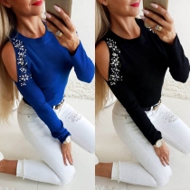 Sexy Off-shoulder Long Sleeve Round Neck Rhinestone Spliced T-shirt