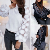 Sexy Gauze Spliced Puff Sleeve Mock Neck Top
