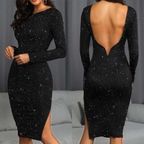 Sexy Backless Slit Hem Long Sleeve Slim Fit Party Dress