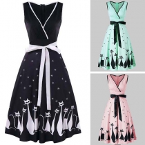 Sexy Deep V-neck Sleeveless High Waist Printed Dress