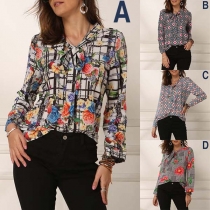 Fashion Long Sleeve Lace-up Bow-knot Collar Printed Blouse