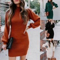 Fashion Solid Color Long Sleeve Mock Neck Slim Fit Knit Dress