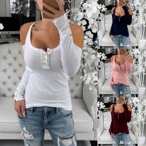 Sexy Off-shoulder Long Sleeve Solid Color T-shirt