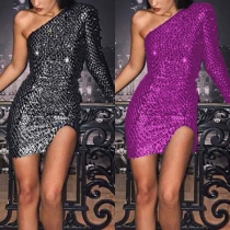 Sexy One-shoulder Long Sleeve Slit Hem Slim Fit Party Dress