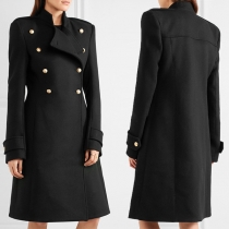 OL Style Long Sleeve Stand Collar Double-breasted Woolen Coat