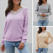 Fashion Lace Spliced V-neck Long Sleeve Solid Color Knit Top