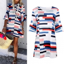 Fashion Trumpet Sleeve Round Neck Printed Dress