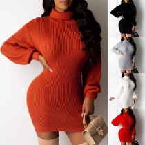 Fashion Solid Color Long Sleeve Turtleneck Slim Fit Knit Dress